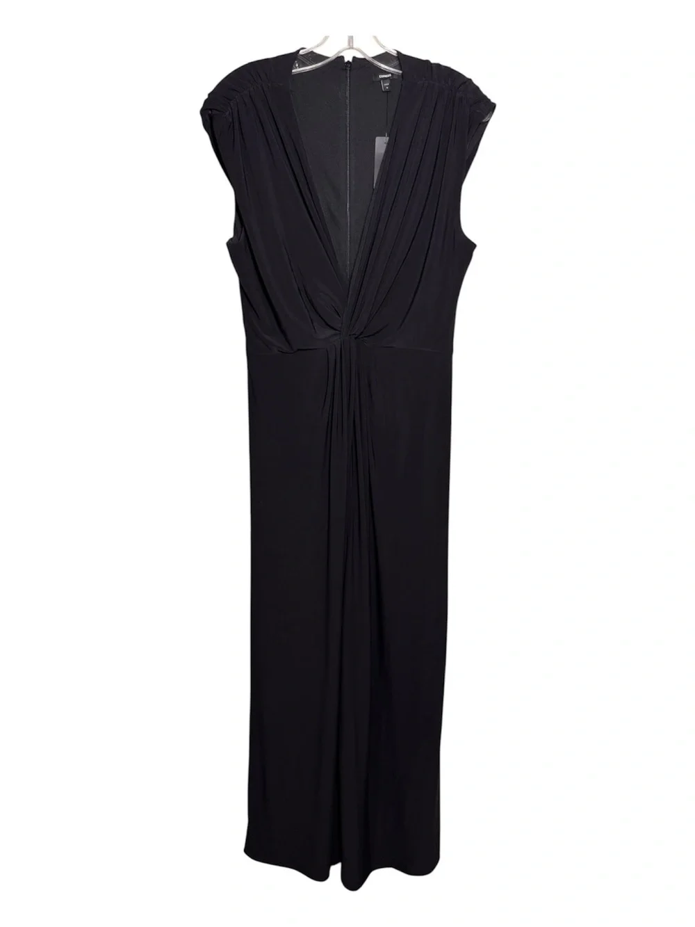 NWT Express Women’s Black Solid V-Neck Wide-Leg Jumpsuit Sleeveless Zip Ruched M